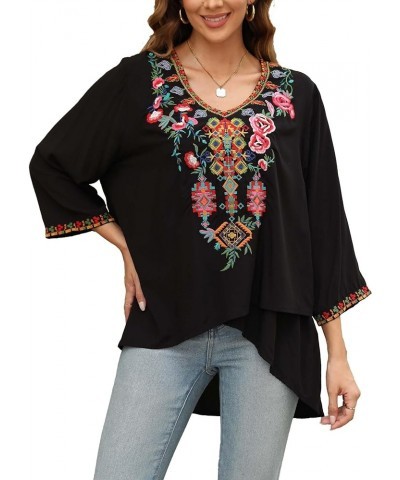 Women's Boho Embroidered Peasant Tops 3/4 Sleeve V Neck Mexican Bohemian Shirts Tunics Blouses Black-706 $27.00 Blouses