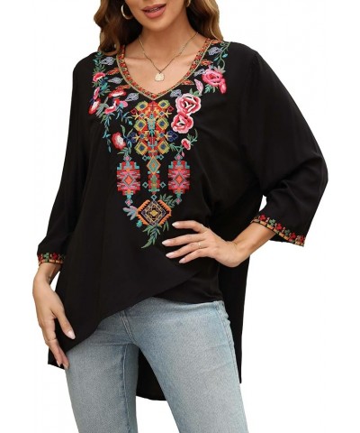 Women's Boho Embroidered Peasant Tops 3/4 Sleeve V Neck Mexican Bohemian Shirts Tunics Blouses Black-706 $27.00 Blouses