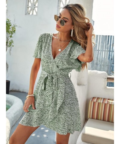 Women's Short Sleeve V Neck All Over Print High Waist A Line Summer Short Dress Green Floral $23.36 Dresses