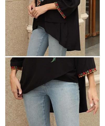 Women's Boho Embroidered Peasant Tops 3/4 Sleeve V Neck Mexican Bohemian Shirts Tunics Blouses Black-706 $27.00 Blouses