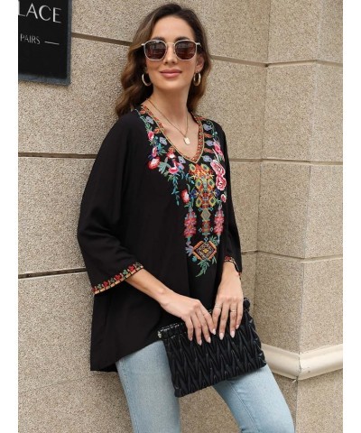 Women's Boho Embroidered Peasant Tops 3/4 Sleeve V Neck Mexican Bohemian Shirts Tunics Blouses Black-706 $27.00 Blouses