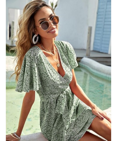 Women's Short Sleeve V Neck All Over Print High Waist A Line Summer Short Dress Green Floral $23.36 Dresses