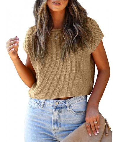 Womens Cap Sleeve Crop Tops Summer Trendy Going Out Crew Neck Loose Knit Cropped Sweater Vest Tank Top Khaki $18.80 Sweaters