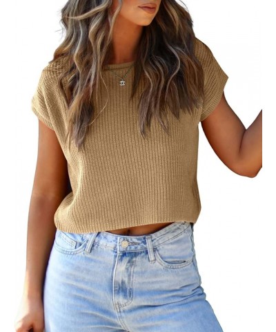 Womens Cap Sleeve Crop Tops Summer Trendy Going Out Crew Neck Loose Knit Cropped Sweater Vest Tank Top Khaki $18.80 Sweaters