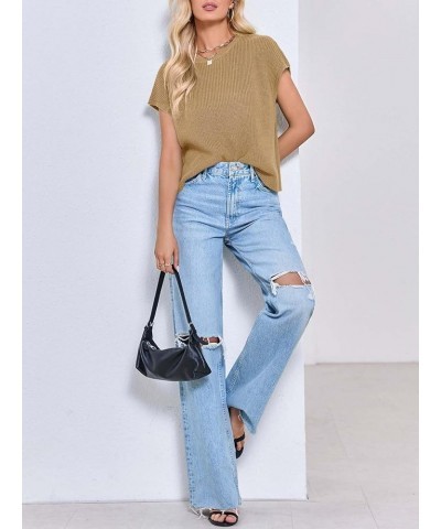 Womens Cap Sleeve Crop Tops Summer Trendy Going Out Crew Neck Loose Knit Cropped Sweater Vest Tank Top Khaki $18.80 Sweaters