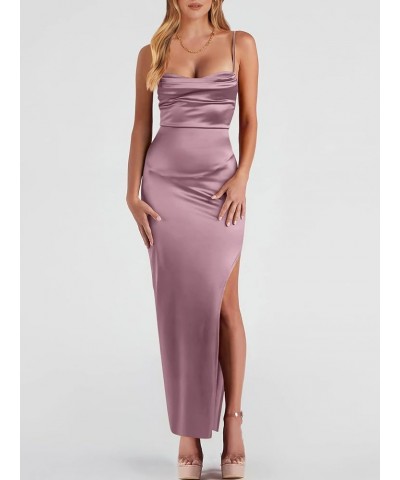 Women Satin Maxi Dress Sleeveless Spaghetti Strap Cowl Neck Summer Ruched Bodycon High Slit Formal Dresses Purple $31.89 Dresses