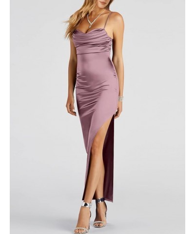 Women Satin Maxi Dress Sleeveless Spaghetti Strap Cowl Neck Summer Ruched Bodycon High Slit Formal Dresses Purple $31.89 Dresses