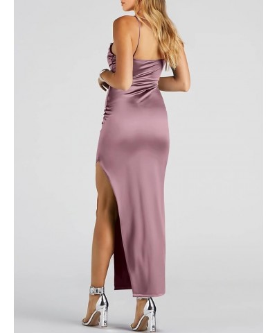 Women Satin Maxi Dress Sleeveless Spaghetti Strap Cowl Neck Summer Ruched Bodycon High Slit Formal Dresses Purple $31.89 Dresses