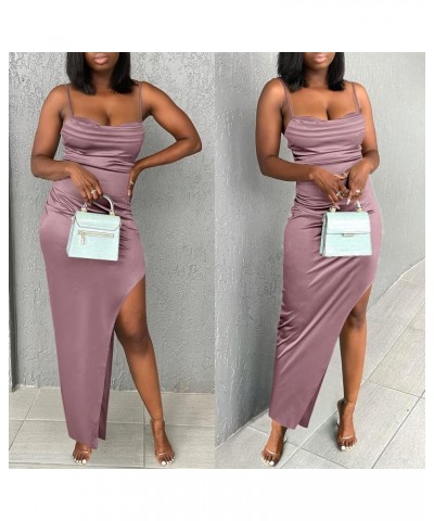 Women Satin Maxi Dress Sleeveless Spaghetti Strap Cowl Neck Summer Ruched Bodycon High Slit Formal Dresses Purple $31.89 Dresses