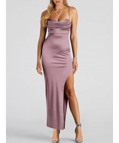 Women Satin Maxi Dress Sleeveless Spaghetti Strap Cowl Neck Summer Ruched Bodycon High Slit Formal Dresses Purple $31.89 Dresses