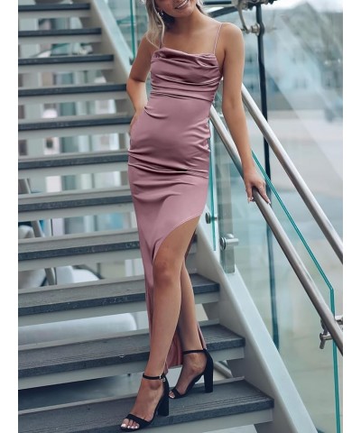 Women Satin Maxi Dress Sleeveless Spaghetti Strap Cowl Neck Summer Ruched Bodycon High Slit Formal Dresses Purple $31.89 Dresses