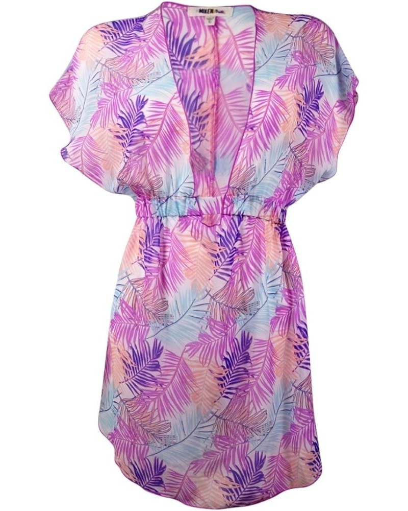 MikenSwim Swim Women's Printed Chiffon Dolman V-Neck Cover-Up White Pink Lilac $5.82 Swimsuits