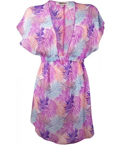 MikenSwim Swim Women's Printed Chiffon Dolman V-Neck Cover-Up White Pink Lilac $5.82 Swimsuits