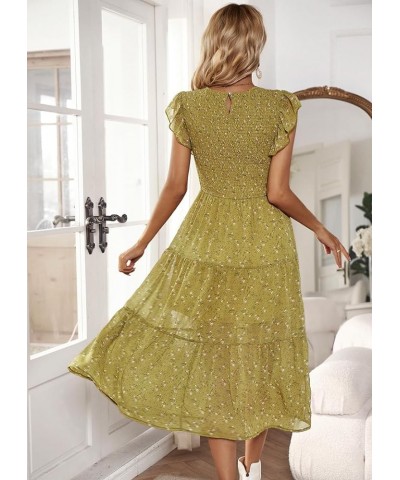 Women's Summer Casual Floral Midi Dress Boho Flutter Short Sleeve Smocked Elastic Waist Tiered A-Line Long Dress Yellow $23.8...