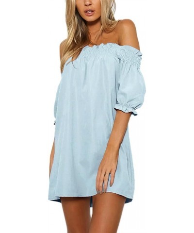 Women Mini Casual Dresses Solid Off Shoulder Tunics Short Sleeves Loose Summer T Shirt Blouse Mini Dress P-light Blue $18.04 ...