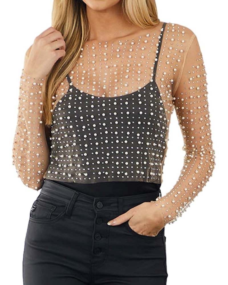 Women's Sparkly Rhinestone Pearl See Through Mesh Crop Top Sexy Long Sleeve Sheer Shirt Blouses Skin Color $11.76 Blouses