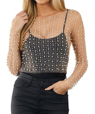 Women's Sparkly Rhinestone Pearl See Through Mesh Crop Top Sexy Long Sleeve Sheer Shirt Blouses Skin Color $11.76 Blouses