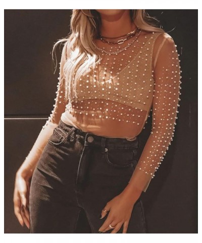 Women's Sparkly Rhinestone Pearl See Through Mesh Crop Top Sexy Long Sleeve Sheer Shirt Blouses Skin Color $11.76 Blouses