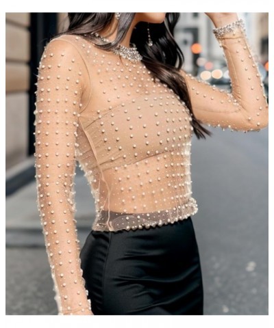 Women's Sparkly Rhinestone Pearl See Through Mesh Crop Top Sexy Long Sleeve Sheer Shirt Blouses Skin Color $11.76 Blouses