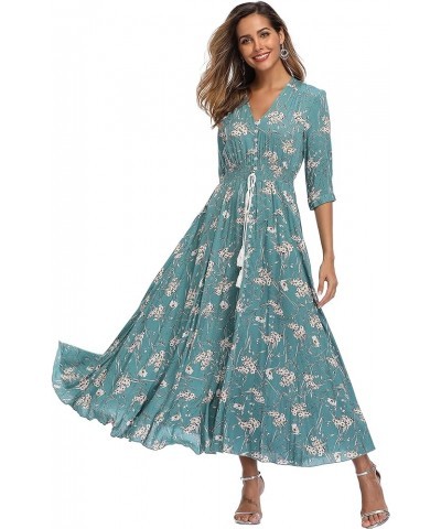 Women's Floral Maxi Dresses with Sleeves Flowy Boho Beach Dress Style A-multi-blue Turqouise $24.00 Dresses