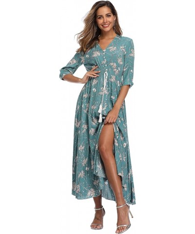 Women's Floral Maxi Dresses with Sleeves Flowy Boho Beach Dress Style A-multi-blue Turqouise $24.00 Dresses