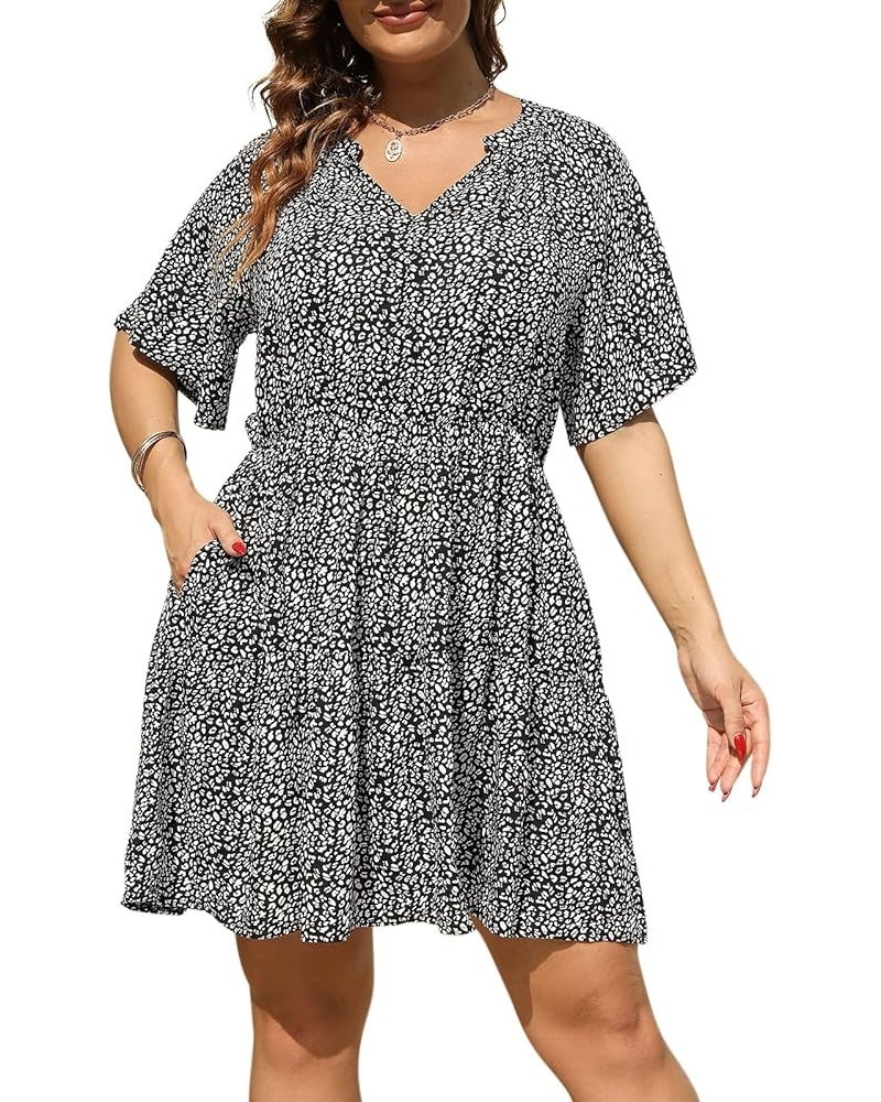 Womens Plus Size Floral Print Boho Casual Layered Swing Skater Dress with Pocket NEM299 Black Leopard $15.75 Dresses