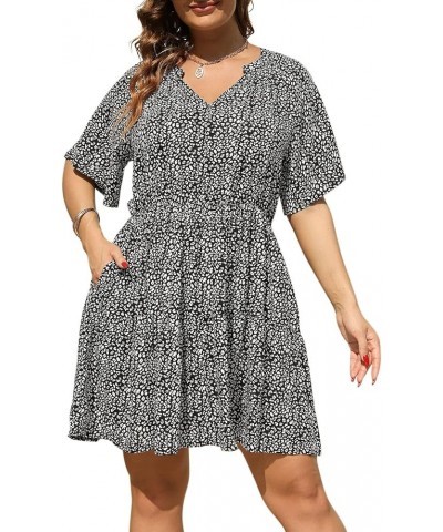 Womens Plus Size Floral Print Boho Casual Layered Swing Skater Dress with Pocket NEM299 Black Leopard $15.75 Dresses