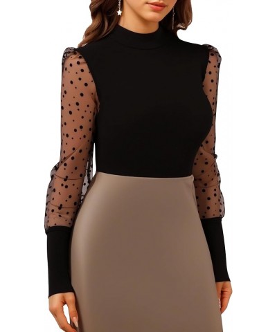 Women's Mock Turtle Neck Body Suit Polka Dot Sheer Mesh Puff Long Sleeve Bodysuit Shirt Tops A Long Sleeve Black $13.94 Bodys...