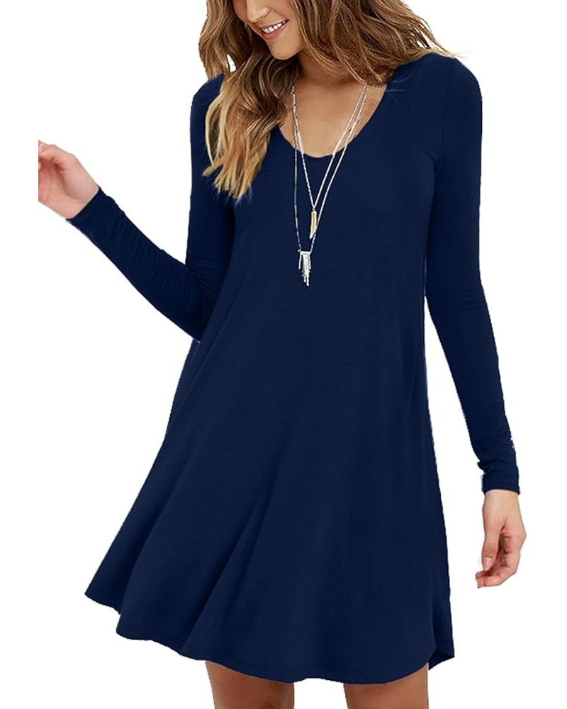 Women's Long Sleeve Casual Swing Simple T-Shirt Loose Dress 02 Navy Blue $13.95 Dresses