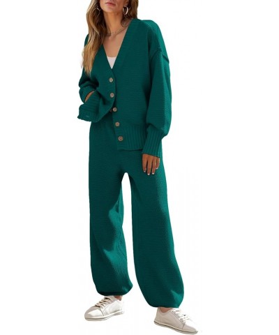 Women's 2 Piece Outfits Sweater Sets Waffle Knit Cardigan and High Waist Pants Lounge Set Teal $21.73 Activewear