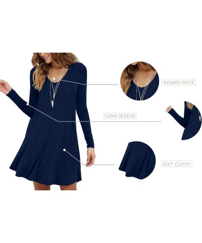 Women's Long Sleeve Casual Swing Simple T-Shirt Loose Dress 02 Navy Blue $13.95 Dresses