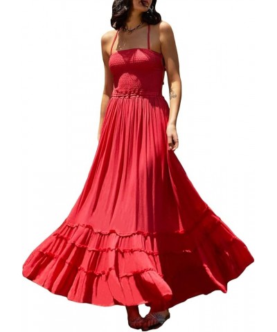 Women Y2k Pleated Spaghetti Strap Maxi Dress Backless Cutout Long Cami Dress Tie Back Ruffle Dresses Beach Wear L-red $17.15 ...