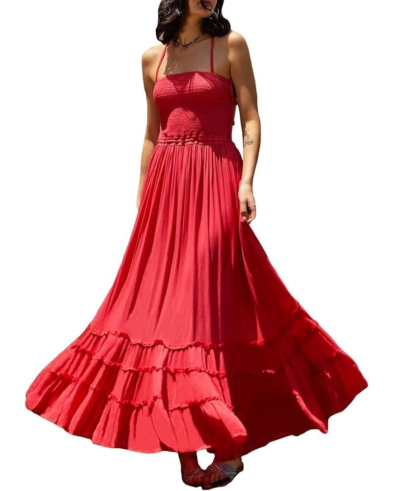 Women Y2k Pleated Spaghetti Strap Maxi Dress Backless Cutout Long Cami Dress Tie Back Ruffle Dresses Beach Wear L-red $17.15 ...