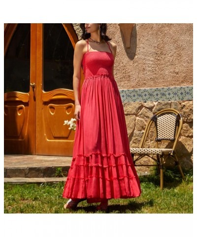 Women Y2k Pleated Spaghetti Strap Maxi Dress Backless Cutout Long Cami Dress Tie Back Ruffle Dresses Beach Wear L-red $17.15 ...