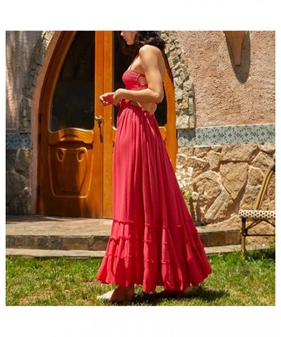 Women Y2k Pleated Spaghetti Strap Maxi Dress Backless Cutout Long Cami Dress Tie Back Ruffle Dresses Beach Wear L-red $17.15 ...