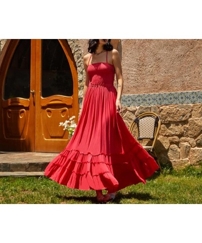 Women Y2k Pleated Spaghetti Strap Maxi Dress Backless Cutout Long Cami Dress Tie Back Ruffle Dresses Beach Wear L-red $17.15 ...