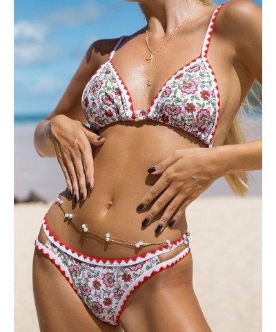 Womens Swimsuits Sexy Brazilian Floral Triangle Bikini Top Bohemian Two Piece Sets Thong Bathing Suit Bottoms Triangle Red $1...