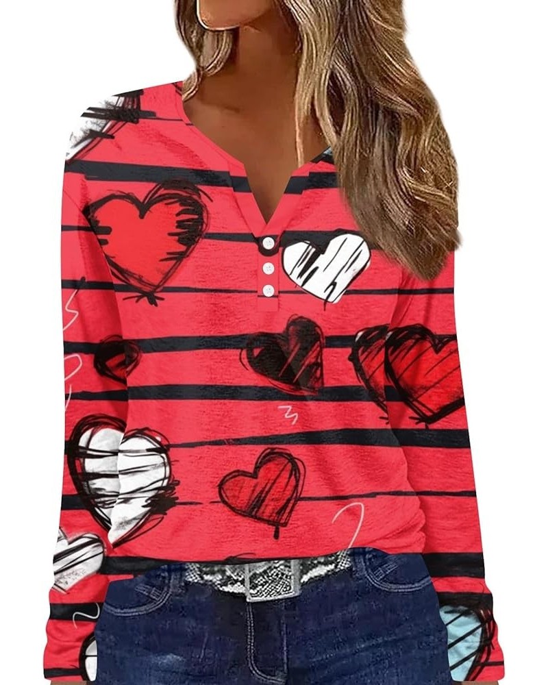 Womens Clothing, Valentines Day Red Heart Printed Button Down V Neck Tops Fall Casual Loose Fit Long Sleeve Shirts 1-watermel...