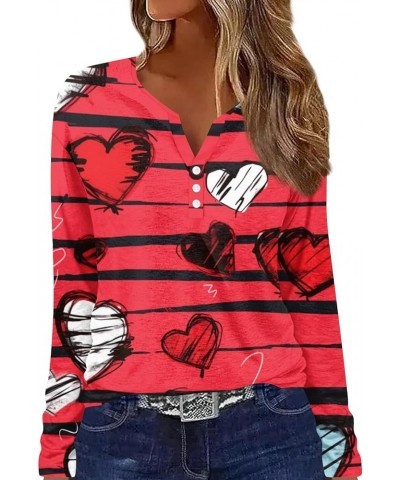 Womens Clothing, Valentines Day Red Heart Printed Button Down V Neck Tops Fall Casual Loose Fit Long Sleeve Shirts 1-watermel...