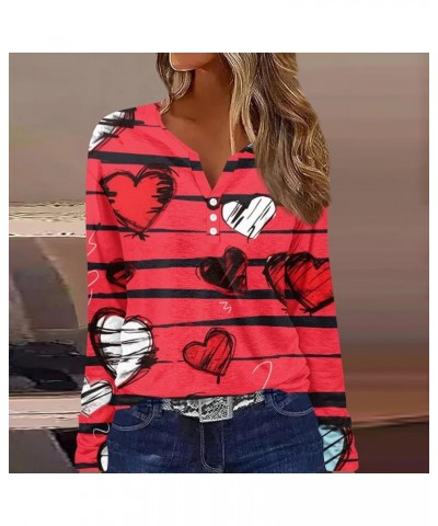 Womens Clothing, Valentines Day Red Heart Printed Button Down V Neck Tops Fall Casual Loose Fit Long Sleeve Shirts 1-watermel...