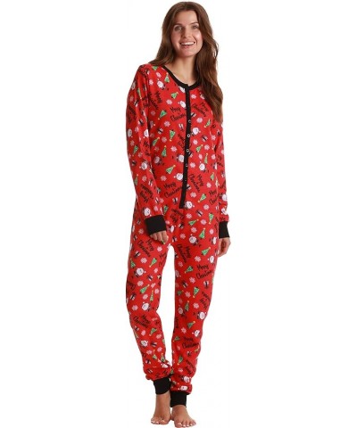 followme Womens Henley Thermal Onesie Buffalo Plaid and Tie Dye Red - Merry Christmas $15.00 Underwear