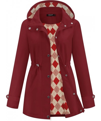 Rain Jacket for Women Waterproof Lightweight Hooded Raincoat for Hiking Travel Outdoor Wine Red-red and Yellow Diamond Plaid ...