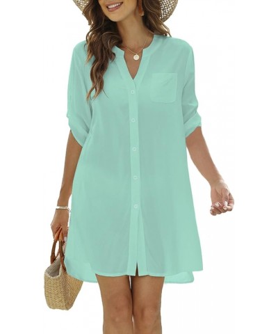 Women's Swimsuit Cover Ups 3/4 Sleeve Button Down Shirt Bathing Suit Beach Dresses Aqua Green $8.84 Swimsuits