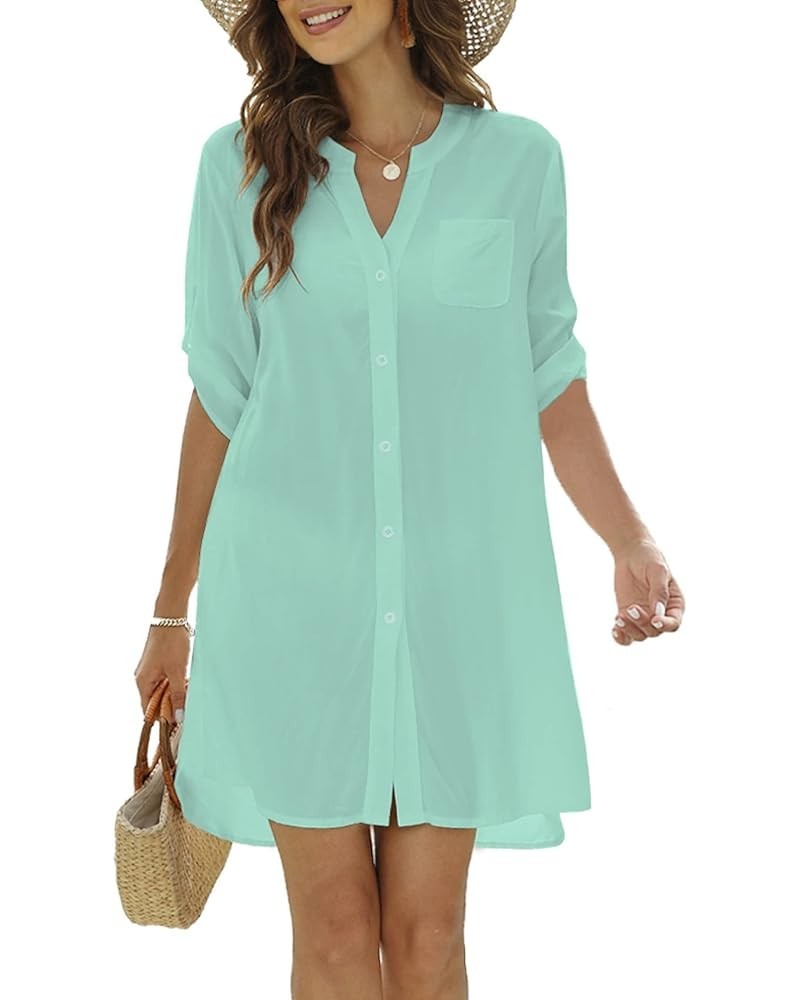 Women's Swimsuit Cover Ups 3/4 Sleeve Button Down Shirt Bathing Suit Beach Dresses Aqua Green $8.84 Swimsuits