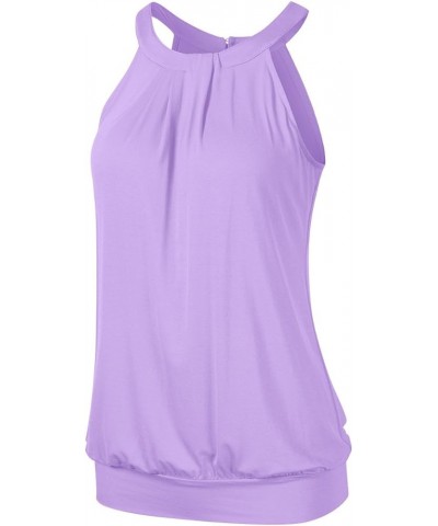 Women Sleeveless Halter Twisted Pleated Tank Top Blouse A1-halter Light Purple $11.59 Tanks