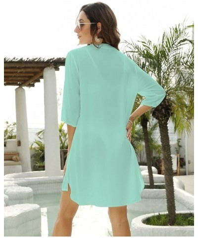 Women's Swimsuit Cover Ups 3/4 Sleeve Button Down Shirt Bathing Suit Beach Dresses Aqua Green $8.84 Swimsuits