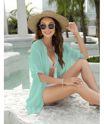 Women's Swimsuit Cover Ups 3/4 Sleeve Button Down Shirt Bathing Suit Beach Dresses Aqua Green $8.84 Swimsuits