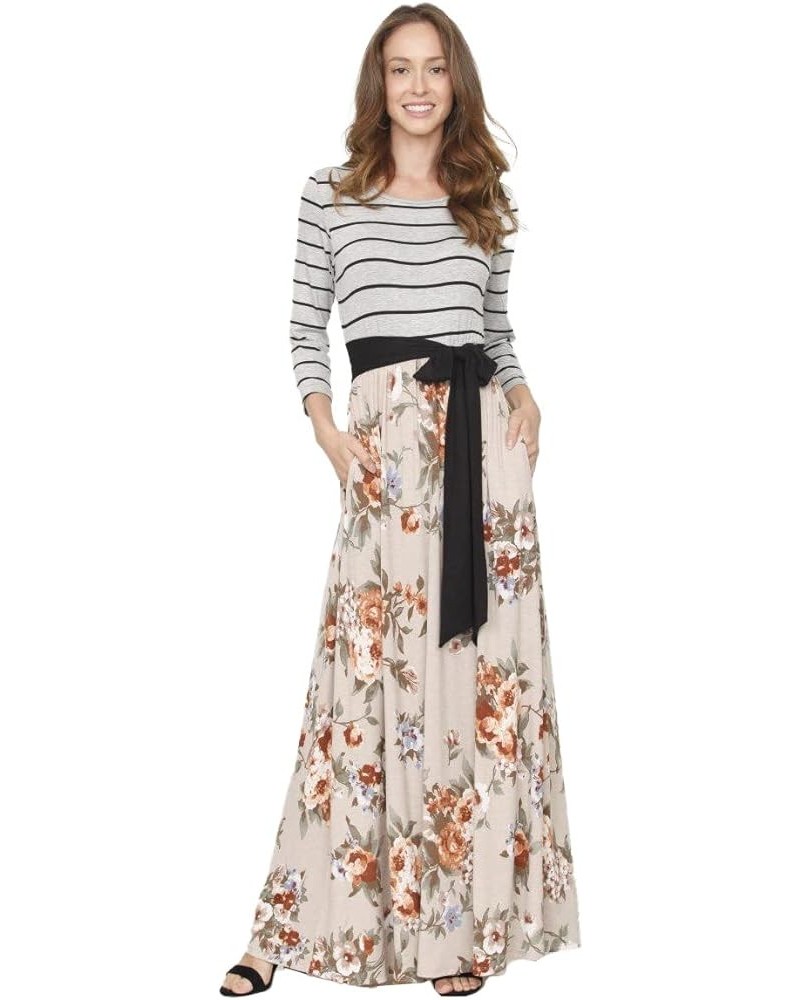 Eloges Women's Plus Size Floral Sash Maxi Dress 3/4 Sleeves with Pockets Grey Stripe/Black Sash/Beige Floral $15.98 Dresses