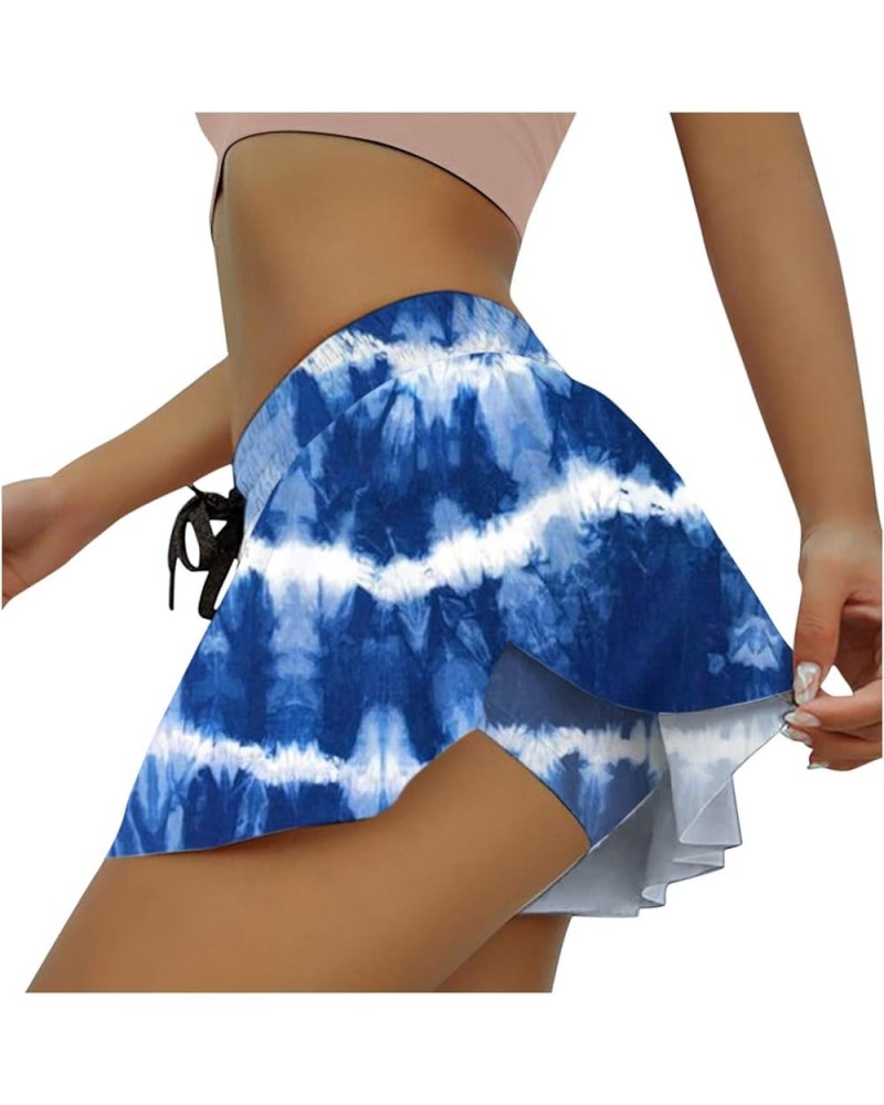 2-in-1 Double Layer Running Yoga Shorts for Women Quick-Dry Drawstring Waist Flowy Hem Fitness Workout Athletic Shorts 13 Blu...