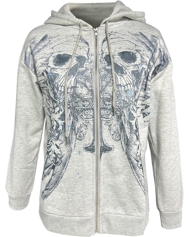 Women Y2k Gothic Zip Up Hoodie Sweatshirt Grunge Punk Long Sleeve Graphic Print Hooded Jacket 00S Aesthetic Outwear I Gray Pu...